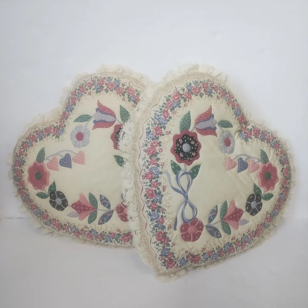 Heart Throw Pillows Set of 2 Cream Floral Lace Cottagecore Burrowcore